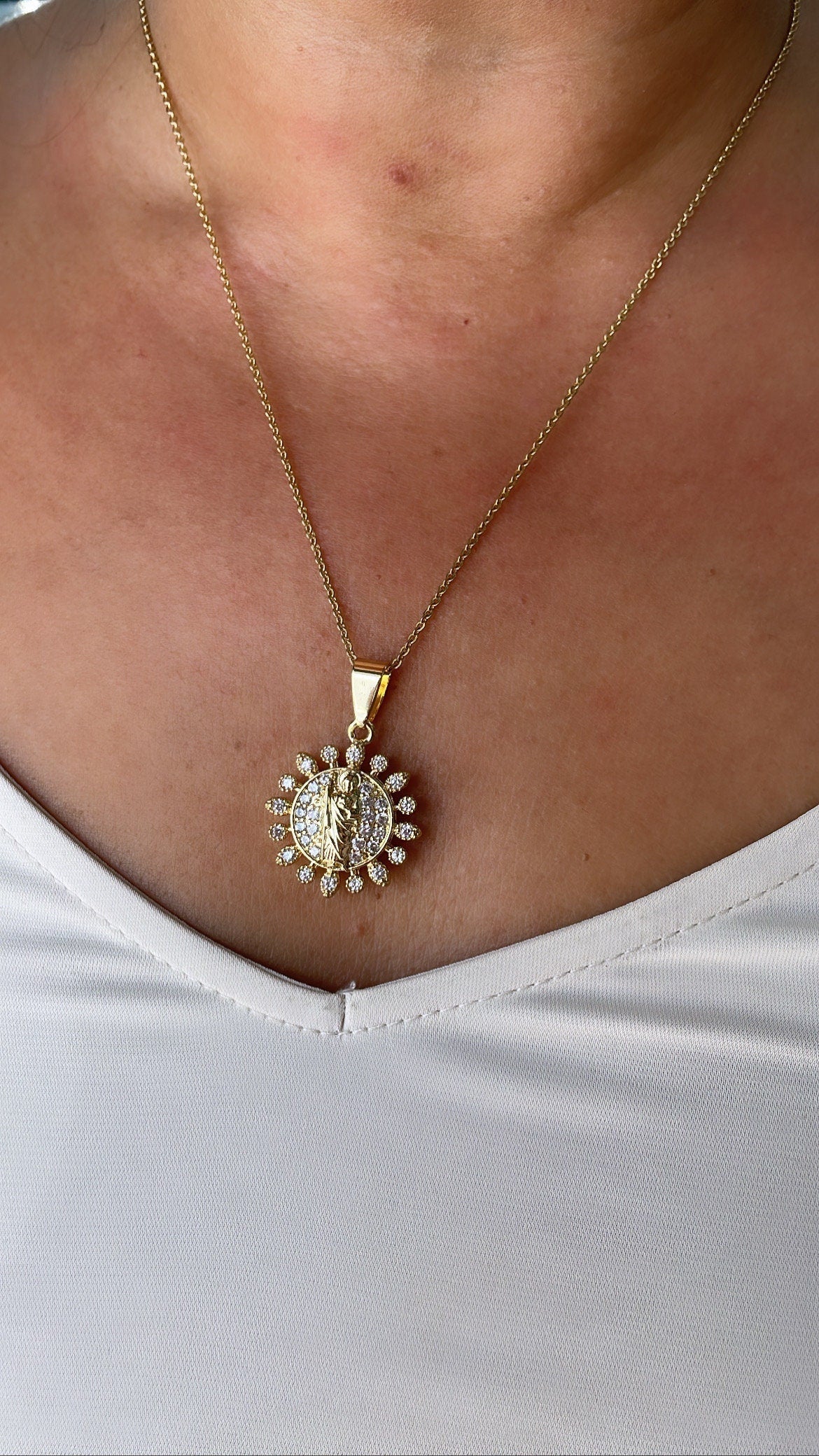 18k Gold Filled Religious Charm Crowned with CZ Stones & Saint Jude Center