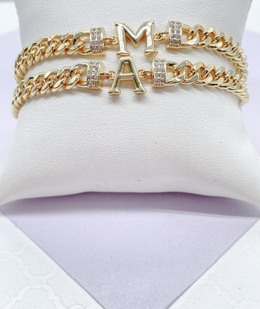 18k Gold Filled Miami Cuban Link Ankle Bracelet Initial Letters A