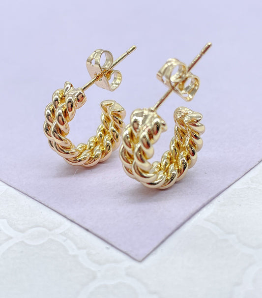 18k Gold Filled Double Dainty Row Twisted Pushback Open Hoop Earring C-Hoop