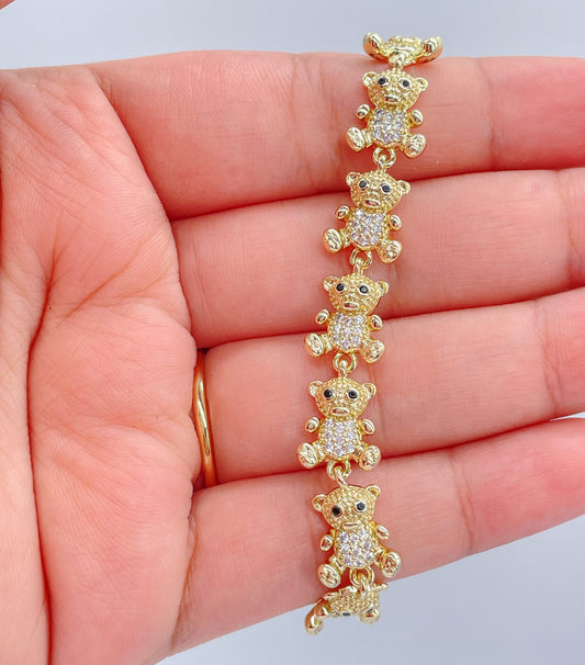 18k Gold Filled Womens Zirconia Bear Charm Bracelet