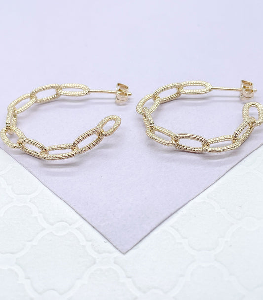18k Gold Filled Rough Textured Paper Clip Open Hoop Earring