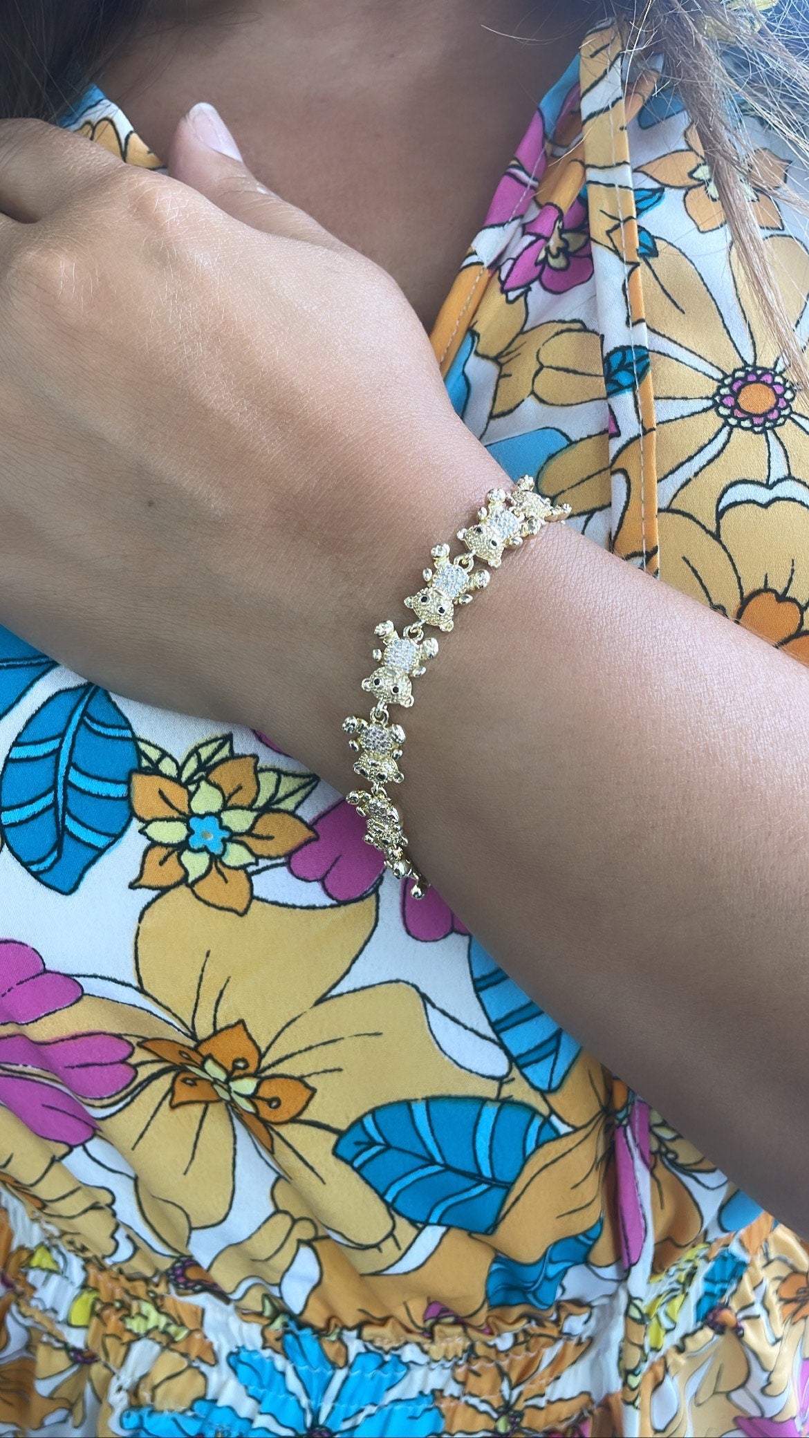 18k Gold Filled Womens Zirconia Bear Charm Bracelet