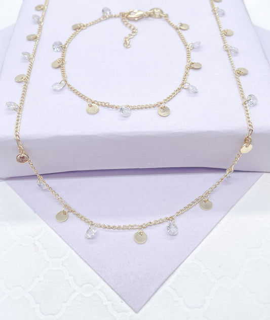 18k Gold Filled Dainty Curb Link Choker Set With Small CZ Flat Beaded Charms Dangling, For Her, Summer Jewlery, Bridal Jewlery