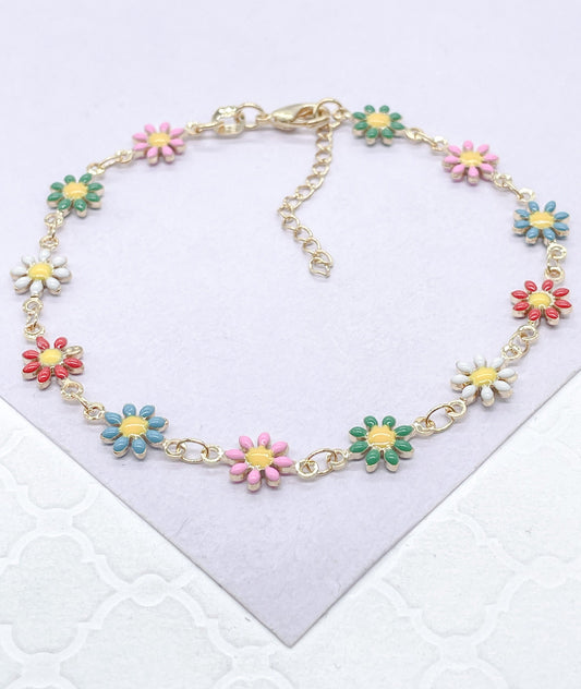 18k Gold Filled Enamel Flower Bracelet: Colorful Summer Jewelry