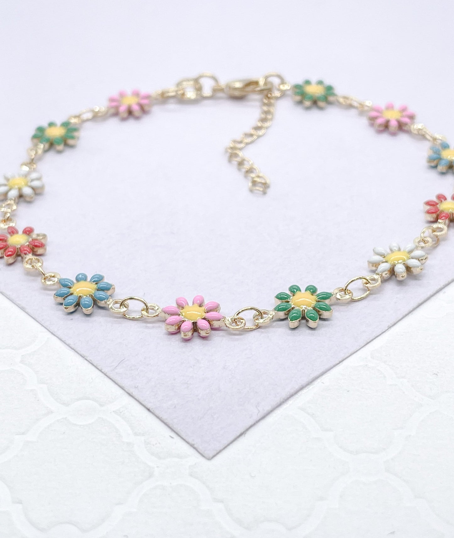 18k Gold Filled Colorful Enamel Multicolored Flower-Patterned Bracelet, Summer Jewlery Nature Jewlery, For Her, For Girl