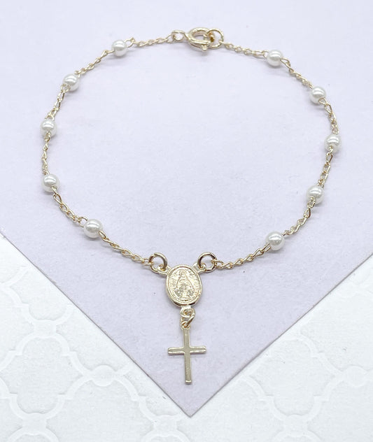 18k Dainty Gold Filled Beaded Pearl Satellite Rosary Bracelet with Virgin Mary and Crucifix Charm
