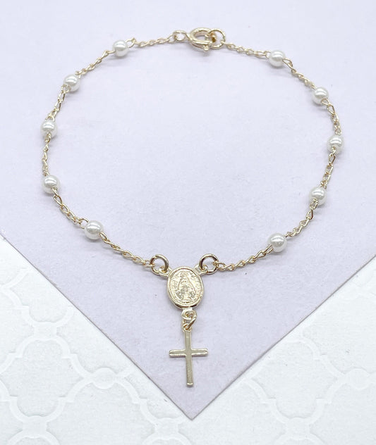 18k Gold Filled Pearl Rosary Bracelet: Virgin Mary Crucifix Charm