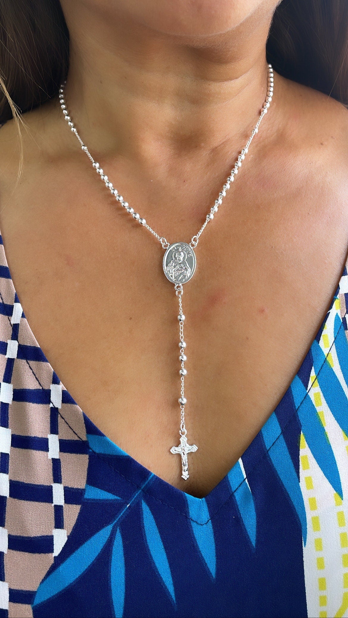 18k Gold Filled Rosary Chain Necklace: St Jude Medallion & Crucifix