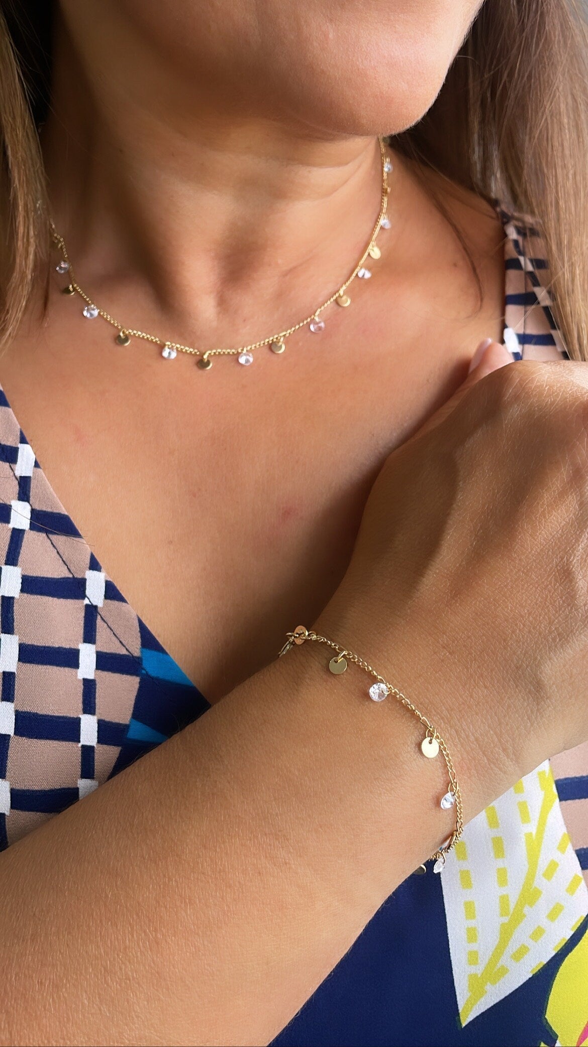 18k Gold Filled Dainty Curb Link Choker Set With Small CZ Flat Beaded Charms Dangling, For Her, Summer Jewlery, Bridal Jewlery