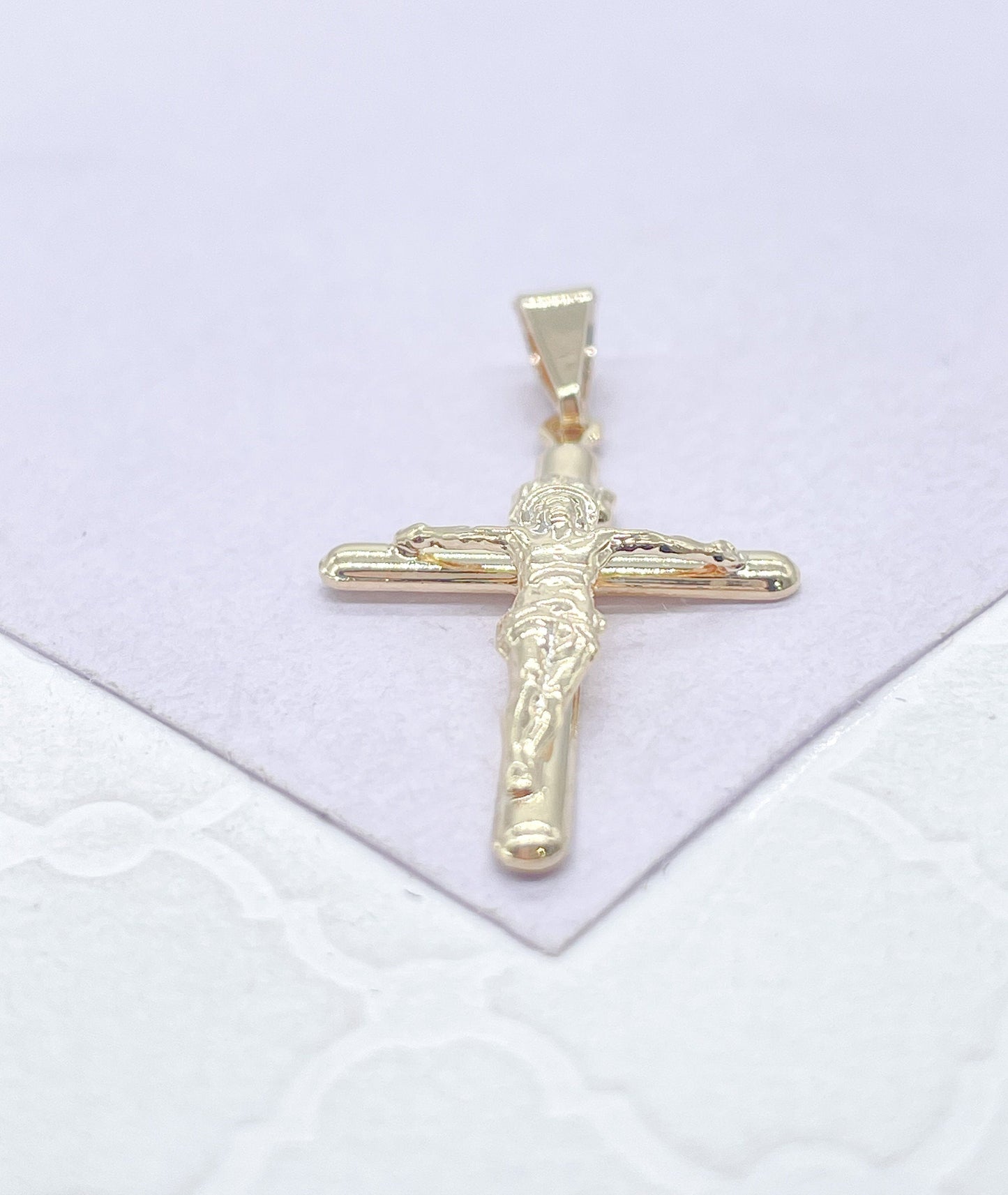 18k Gold Filled Smooth Crucifix with Elevated Engraved Jesus, Religious Jewlery, Christian Jewlery