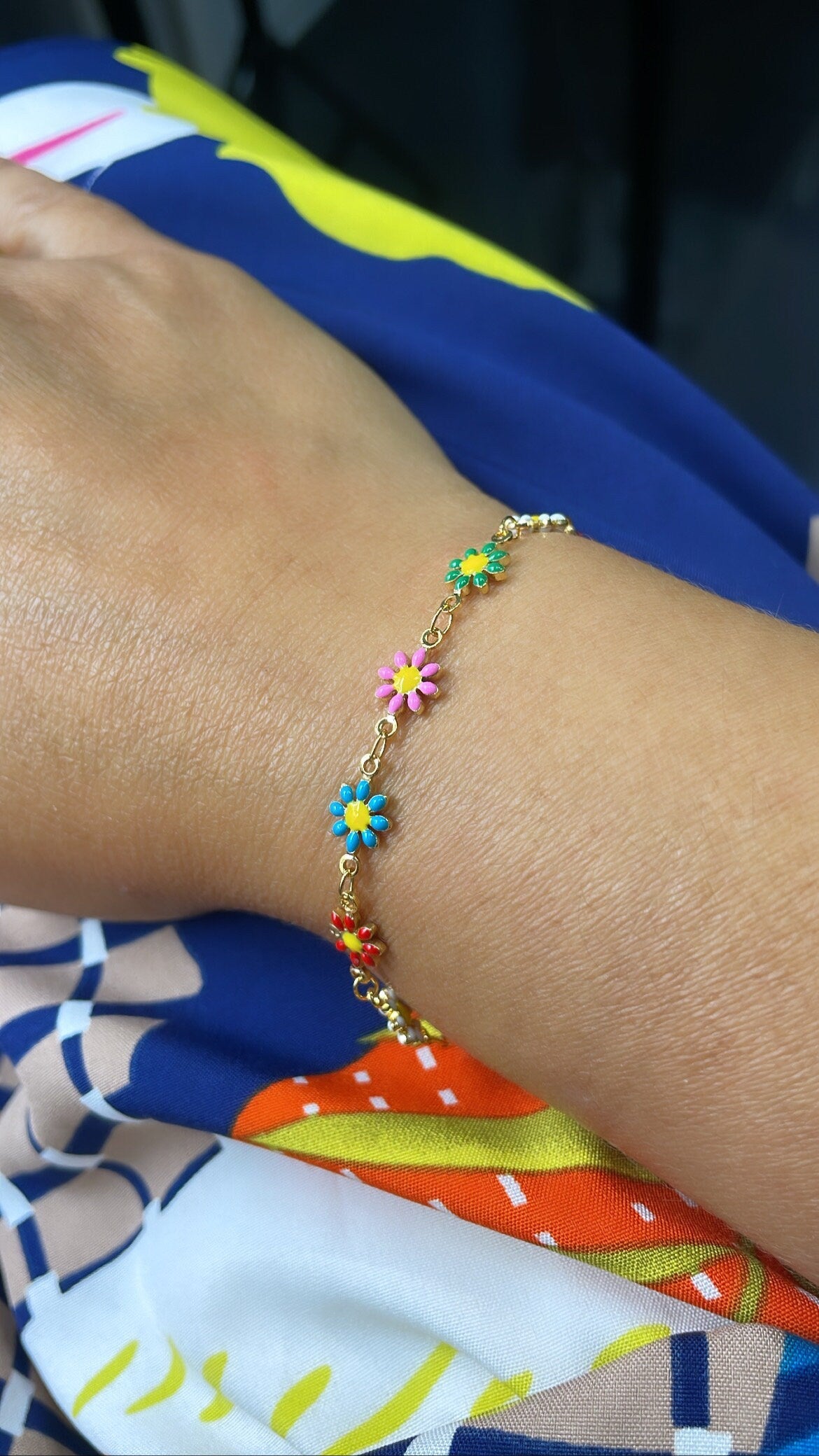 18k Gold Filled Colorful Enamel Multicolored Flower-Patterned Bracelet, Summer Jewlery Nature Jewlery, For Her, For Girl