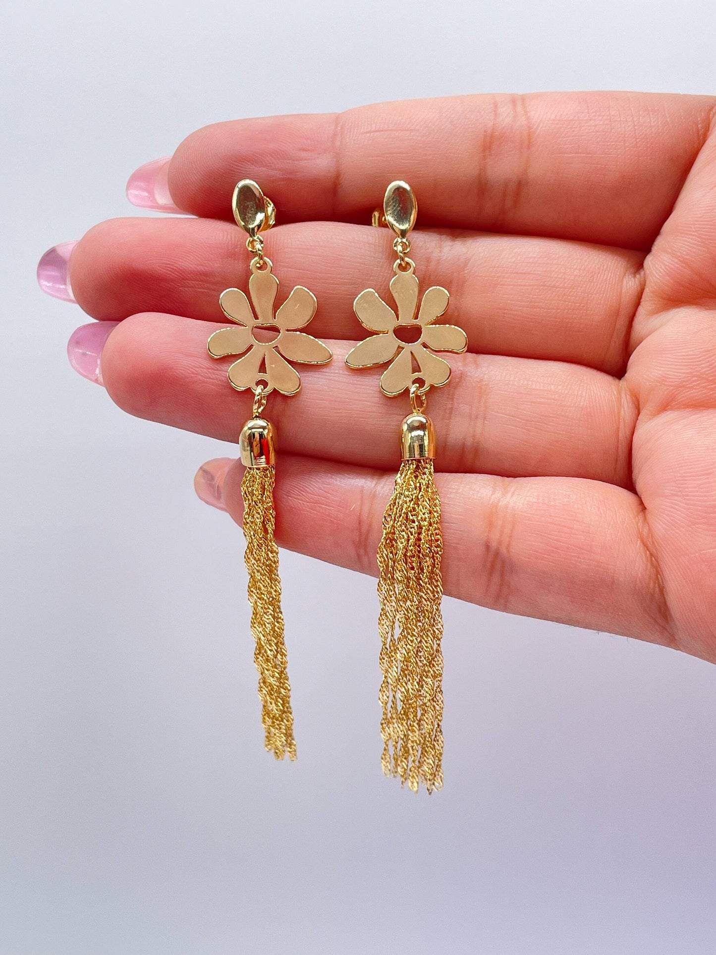 18k Gold Filled Flower Medallion Earring With Singapore Chain Tassles