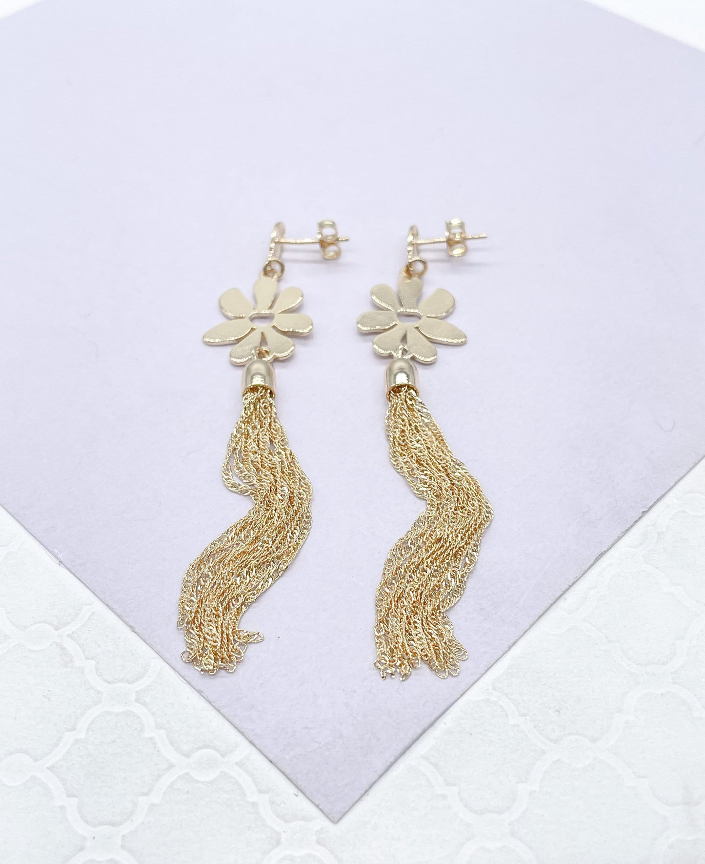 18k Gold Filled Flower Medallion Earring With Singapore Chain Tassles