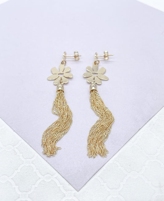 18k Gold Filled Flower Medallion Earring With Singapore Chain Tassles