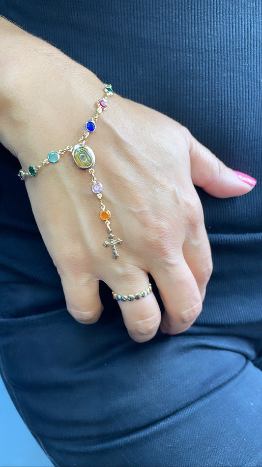 18k Gold Filled Small Round Colorful Rosary Bracelet, Multicolor Fashion Guadalupe Medal