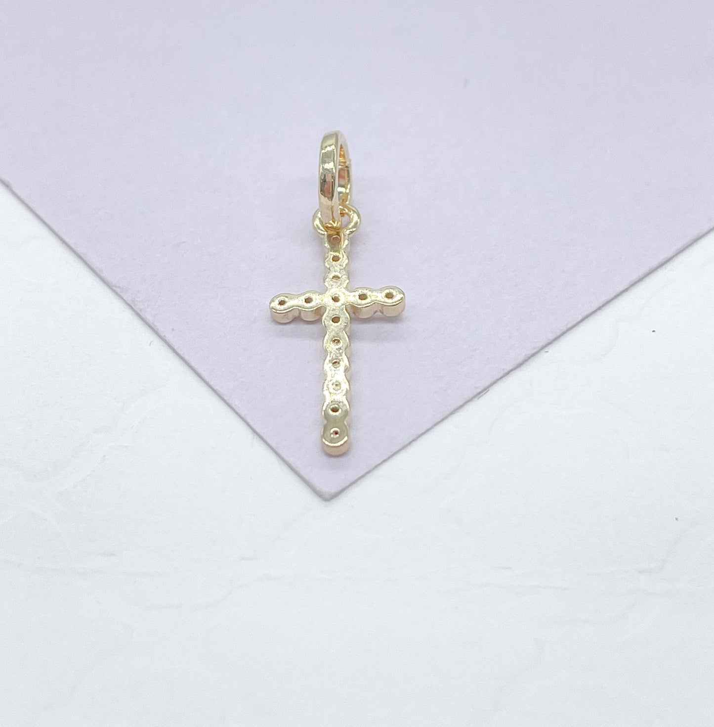 18k Gold Filled Beveled Cross Pendant Charm with Ultra Tiny CZ Stones