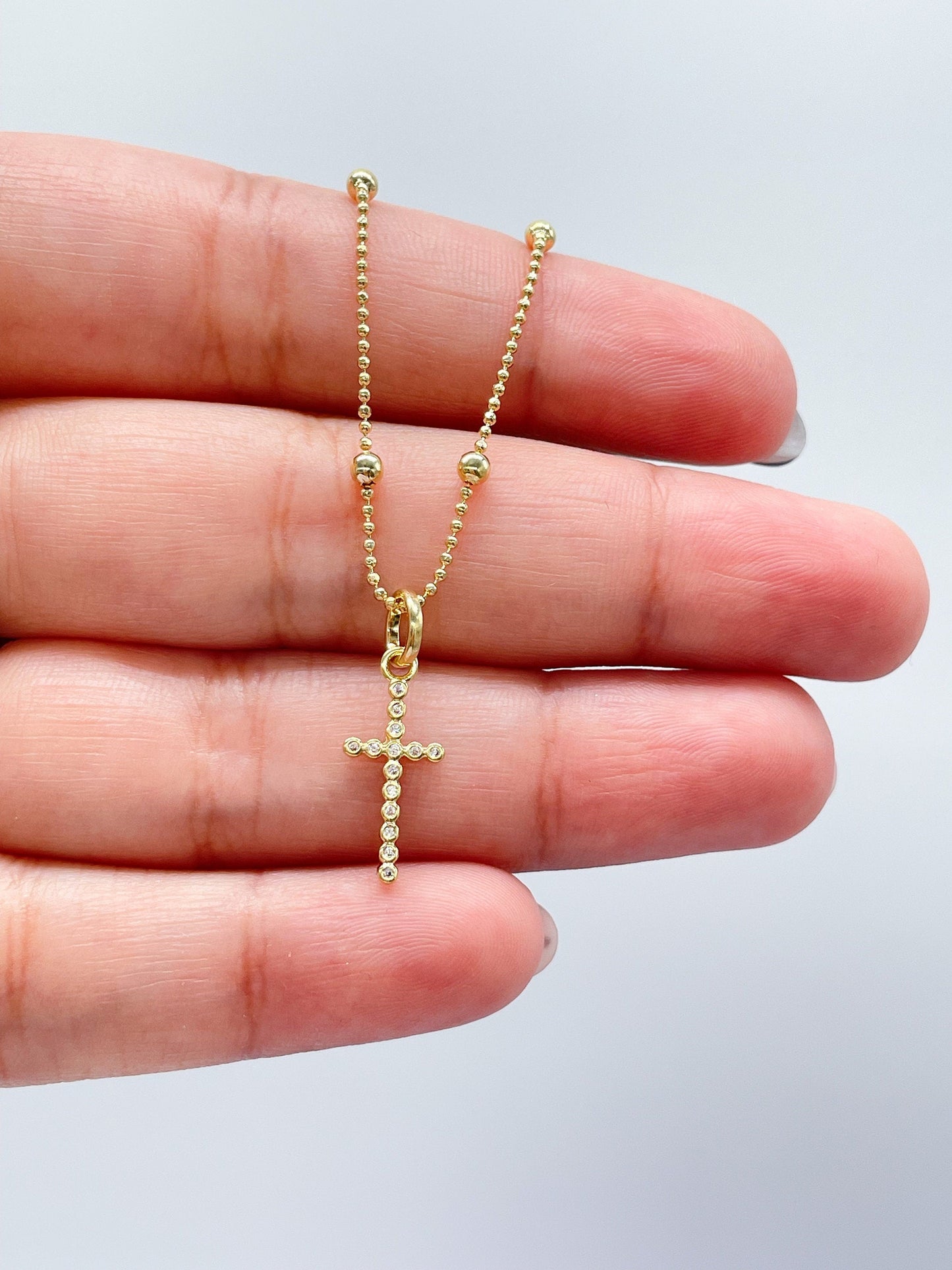 18k Gold Filled Beveled Cross Pendant Charm with Ultra Tiny CZ Stones