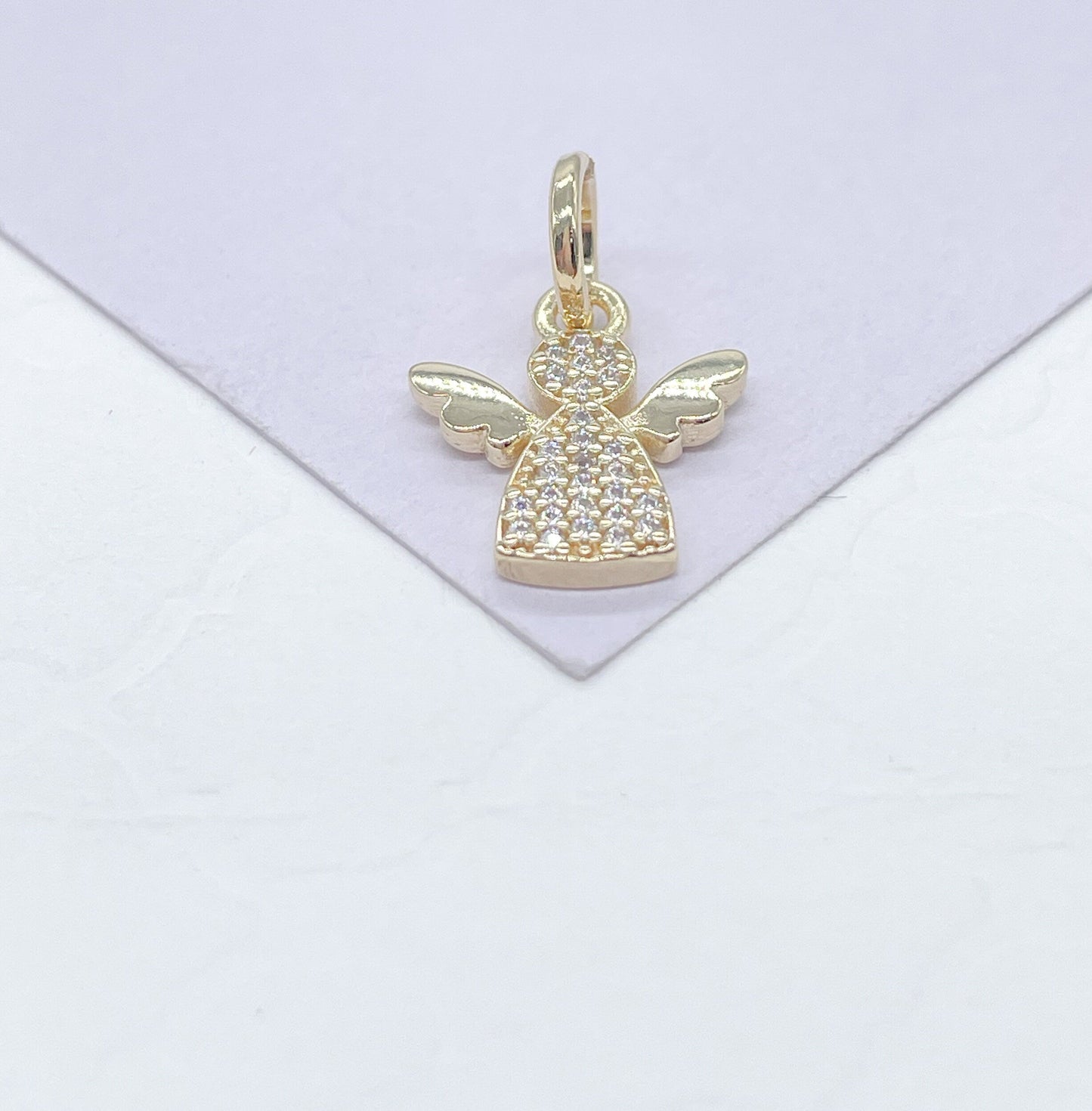 18k Gold Filled Tiny Pave Angel Pendant with Plain Wings, For Her, Religious Wear, Faith Pendant