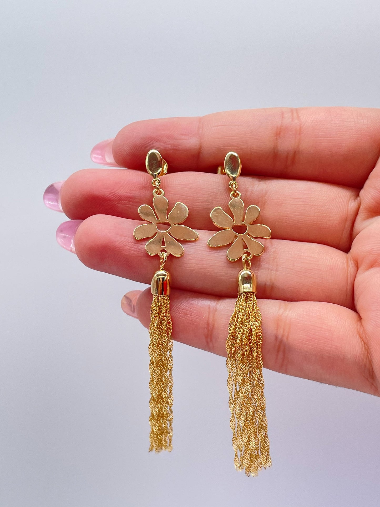 18k Gold Filled Flower Medallion Earring With Singapore Chain Tassles