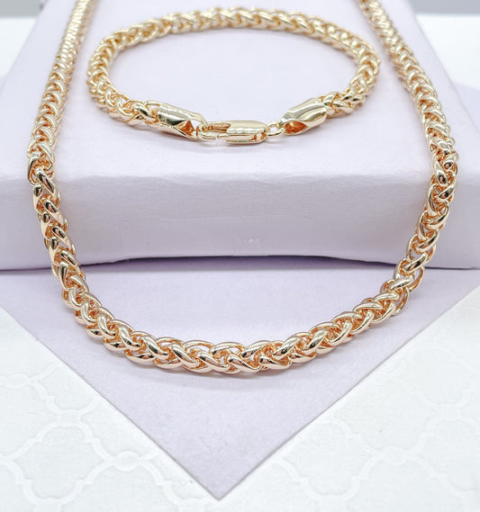 18K Gold Filled Unique Link 5mm Thick Braided Wheat Link Set, Statement Piece, Simple Jewlery, Sold Separate Or Together