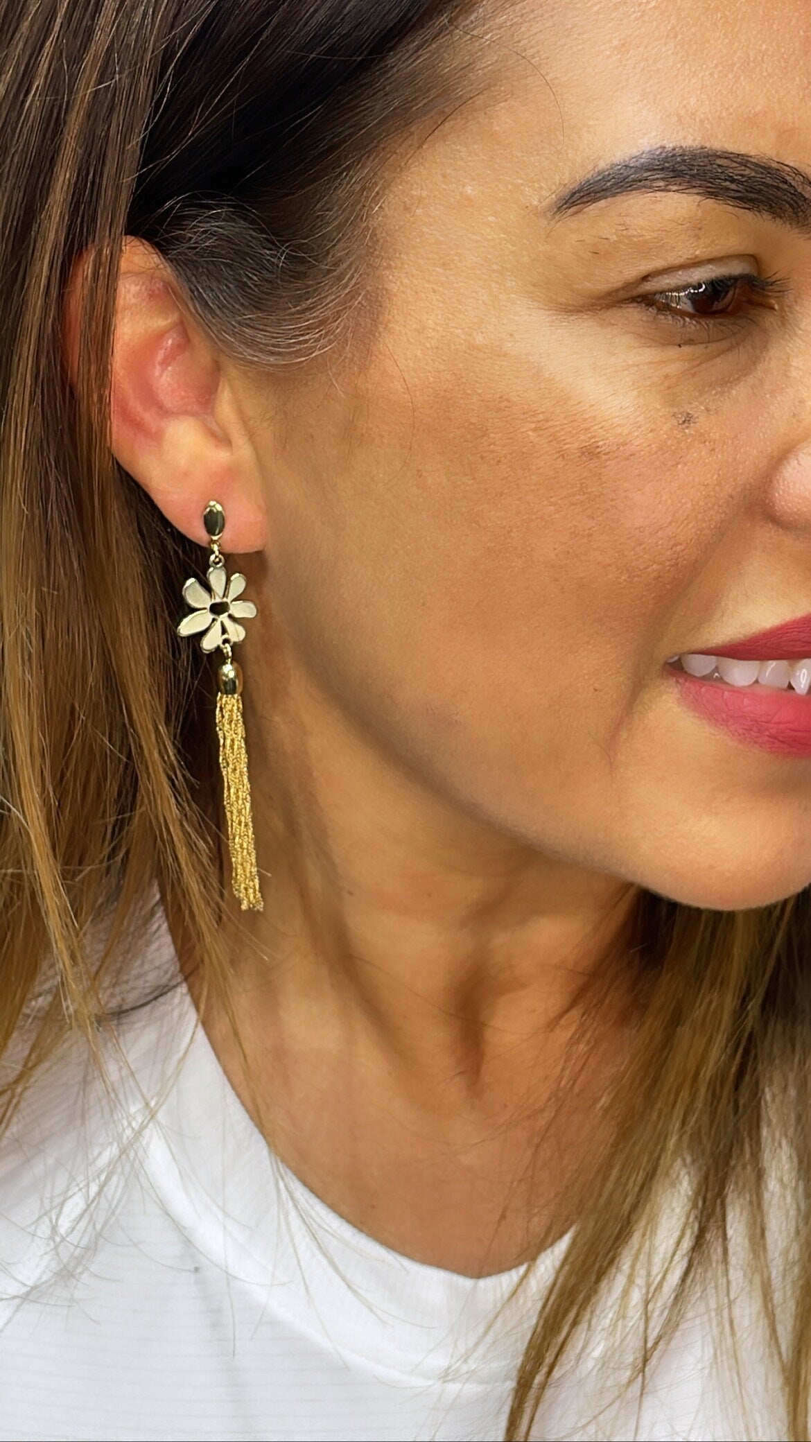 18k Gold Filled Flower Medallion Earring With Singapore Chain Tassles