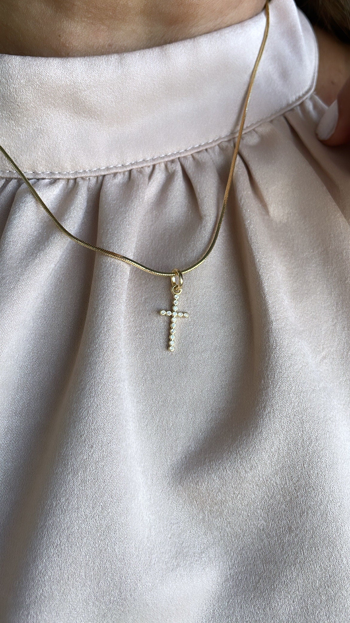 18k Gold Filled Beveled Cross Pendant Charm with Ultra Tiny CZ Stones