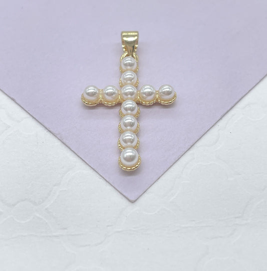 18k Gold Filled Beaded Faux Pearl Cross, Available In 2 Sizes