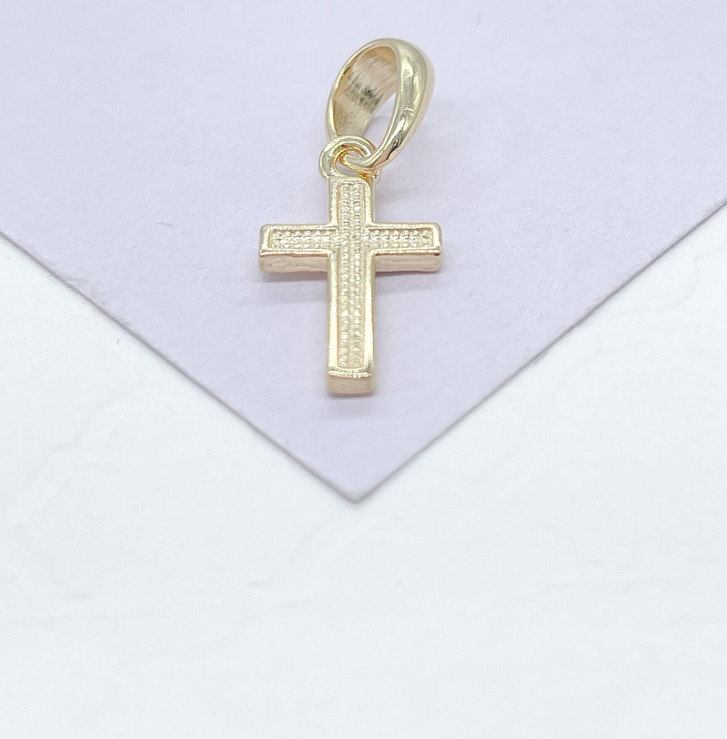 18k Gold Filled Plain Dual Sided Cross with Grain Texture Pattern Pendant