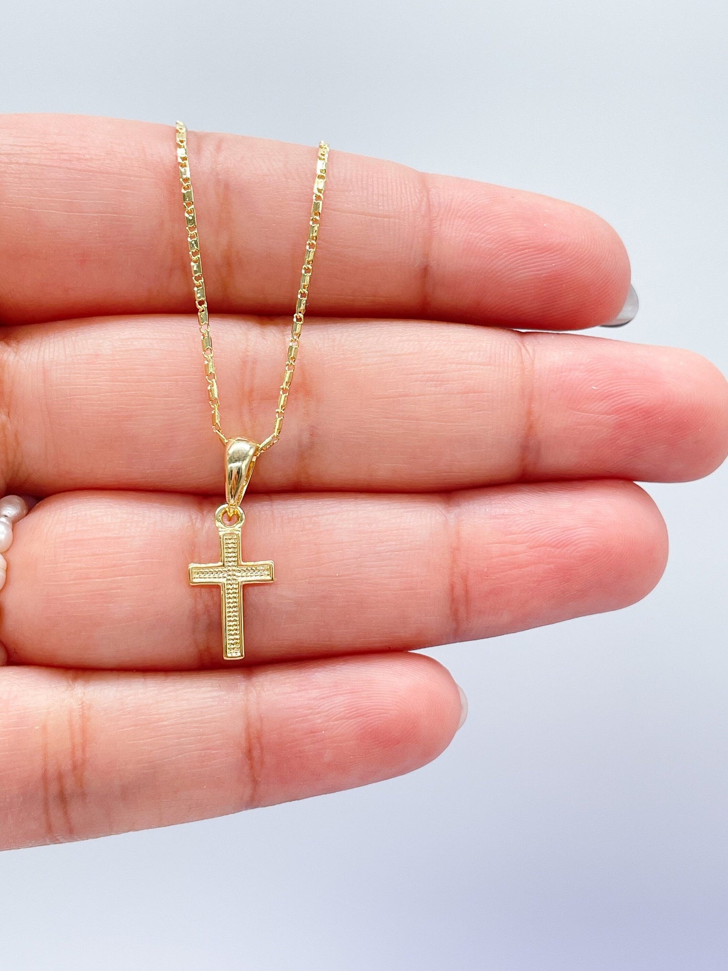 18k Gold Filled Plain Dual Sided Cross with Grain Texture Pattern Pendant