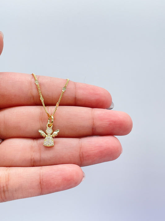 18k Gold Filled Tiny Pave Angel Pendant with Plain Wings, For Her, Religious Wear, Faith Pendant