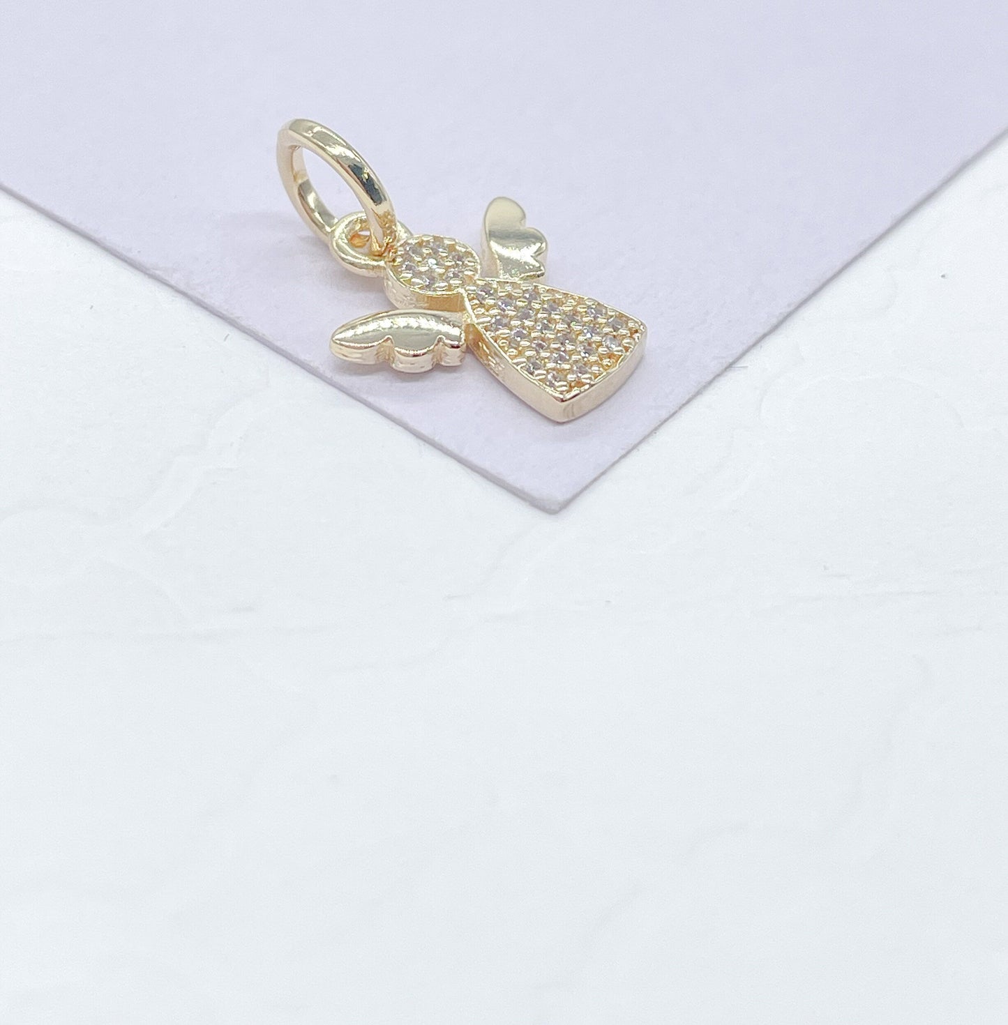 18k Gold Filled Tiny Pave Angel Pendant with Plain Wings, For Her, Religious Wear, Faith Pendant