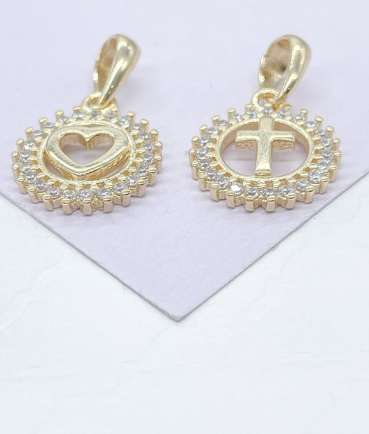 18k Gold Filled See Through Mini Dainty Pendant Cross or Heart Crowned with Beveled Round CZ Stones
