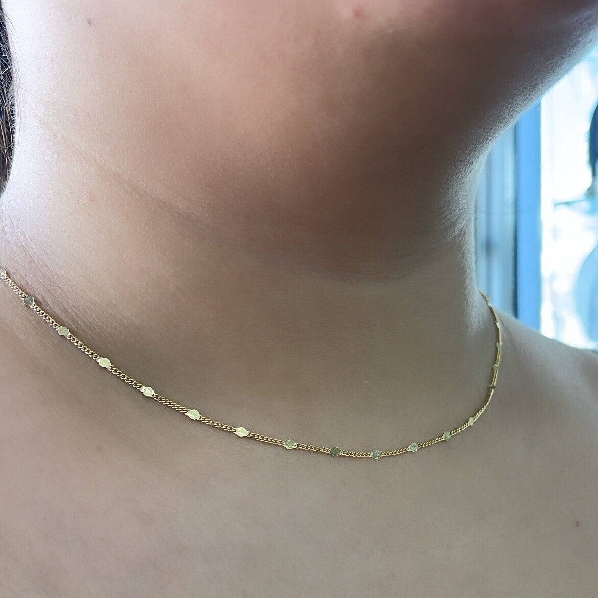 18k Gold Filled Sequin Satellite Chain Necklace: Dainty Layering Jewelry