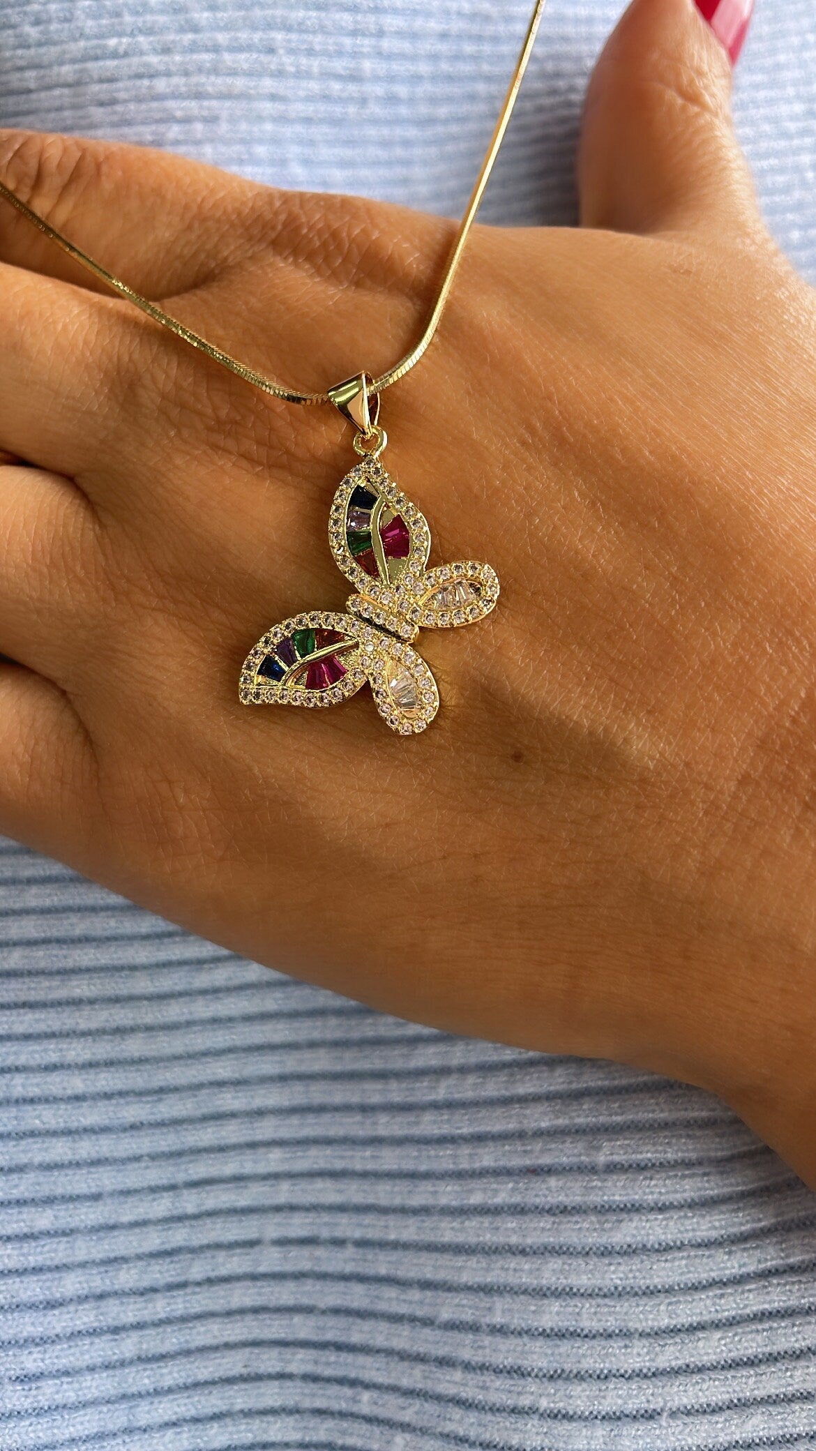 18k Gold Filled Colorful Butterfly Pendant with Colorful Baguette Stones and White Pave
