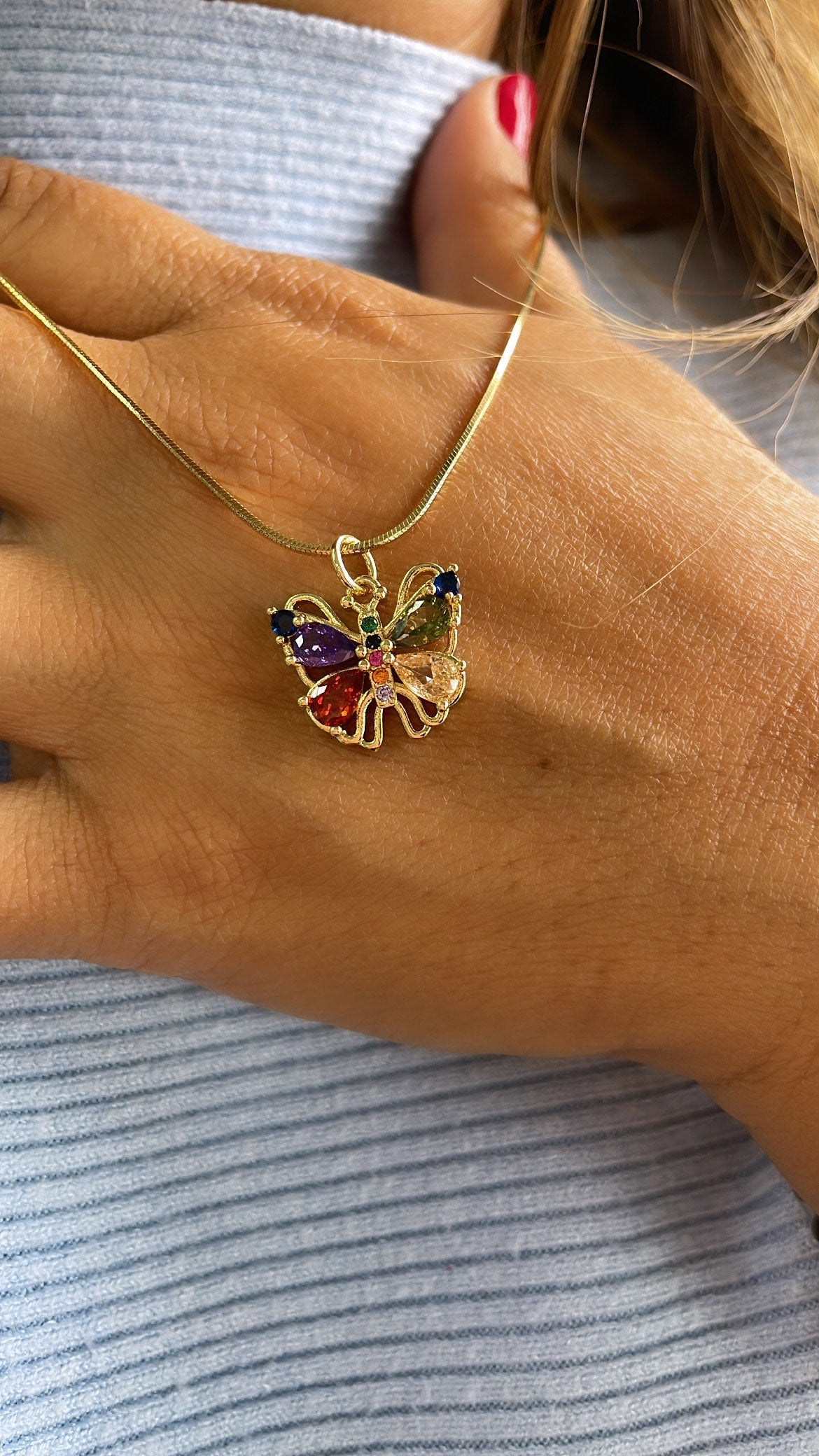 18k Gold Filled Tiny Colorful Marquise Cut Butterfly Pendant, Dainty Pendant, Colorful Jewlery, Rainbow Butterfly