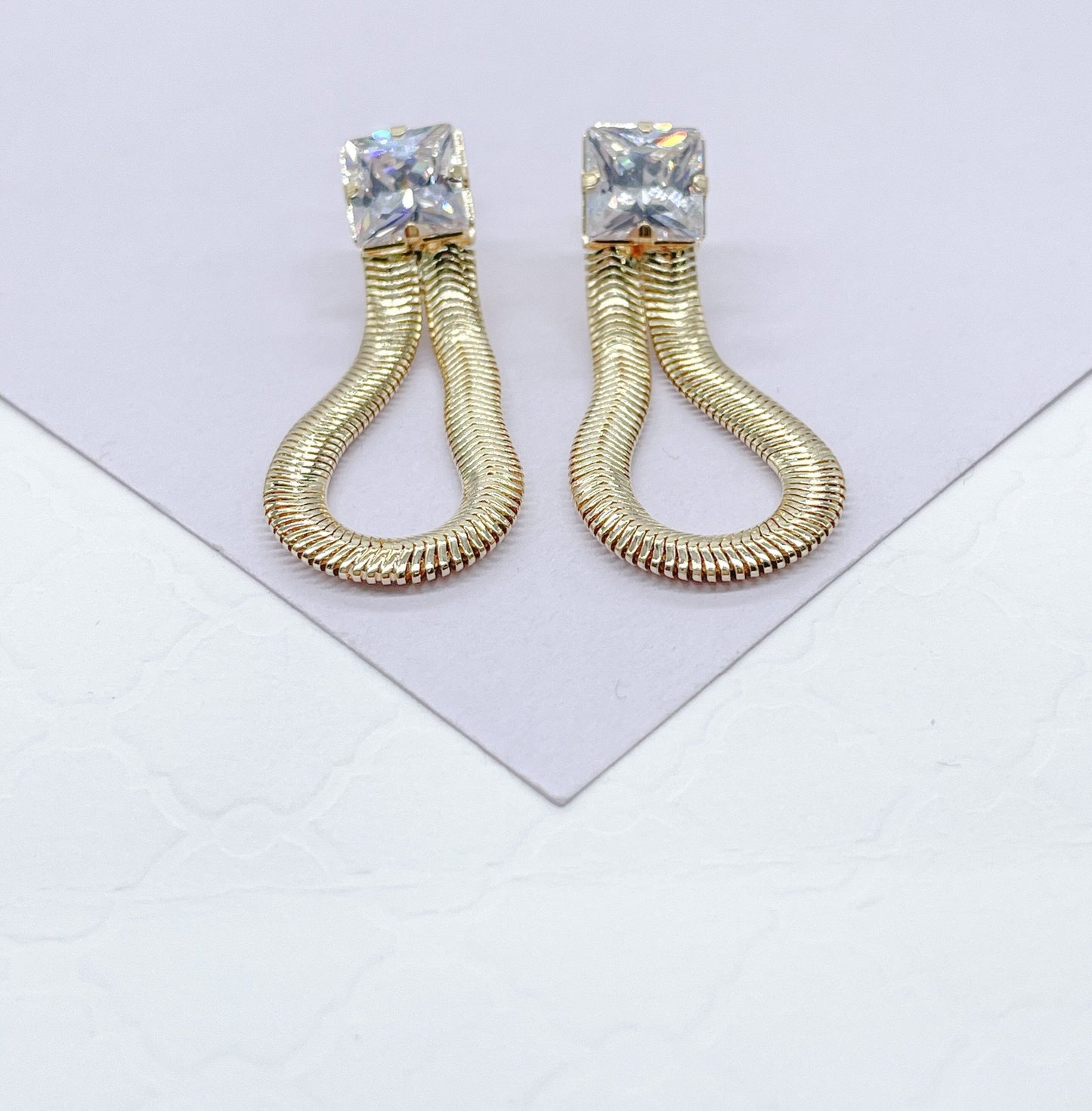 18k Gold Filled 8.5mm Cubic Zirconia Square Stud Earrings With Dangling Smooth Snake Link, Princess Cut Square Studs,