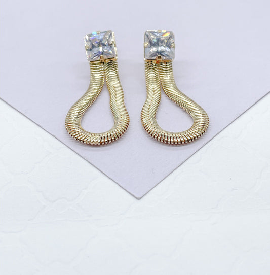 18k Gold Filled Cubic Zirconia Square Stud Earrings with Snake Link
