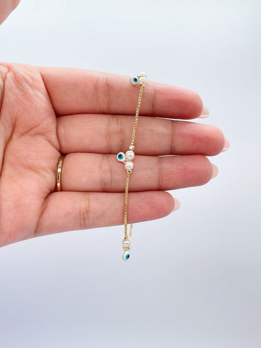 18k Gold Filled Simple Dainty Pearl Bracelet With Dangling Blue Evil Eye Charms