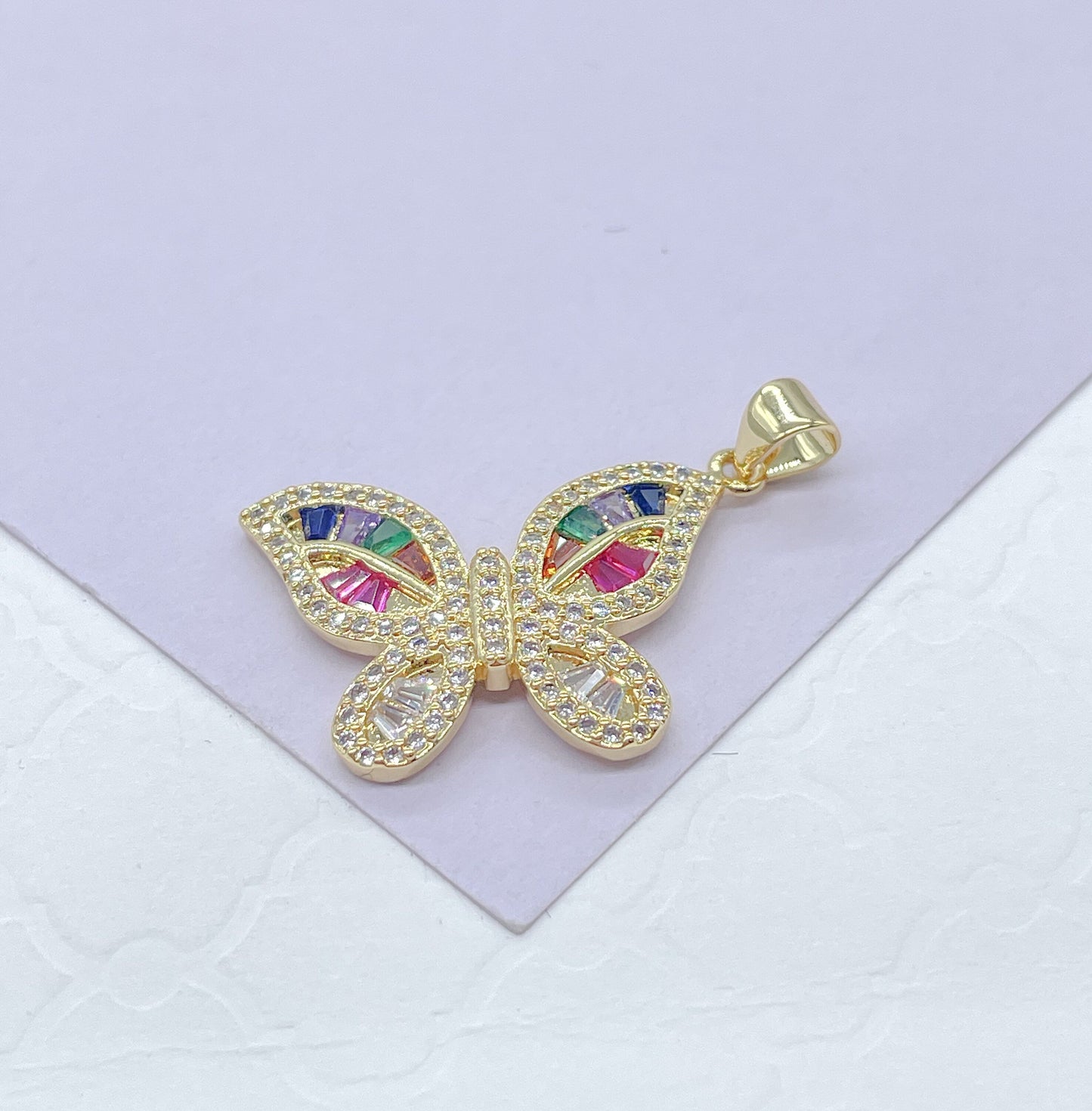 18k Gold Filled Colorful Butterfly Pendant with Colorful Baguette Stones and White Pave