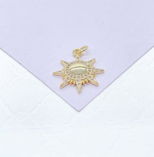 18k Gold Filled Sun Pendant with White Pave Rays