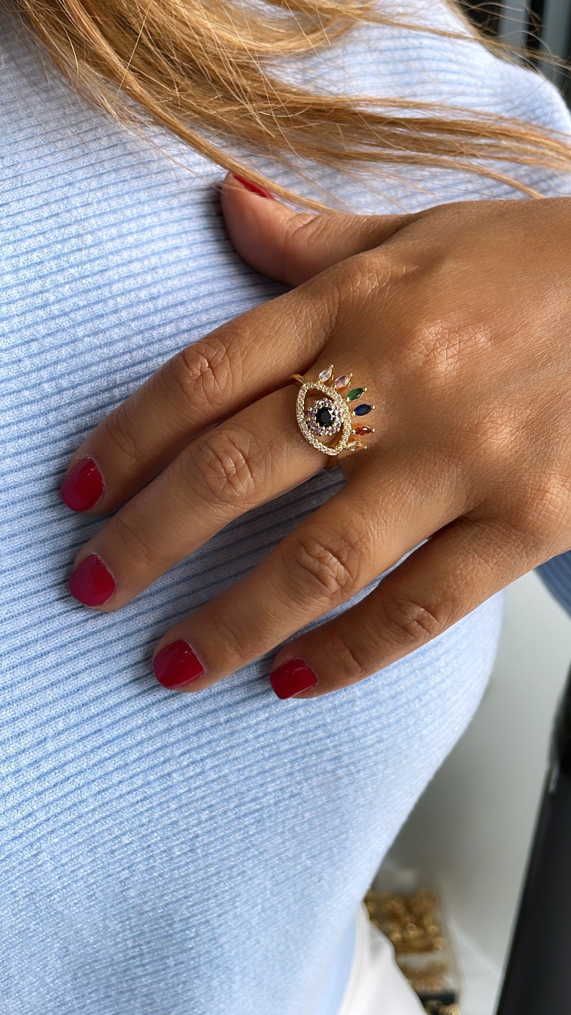 18k Gold Filled Adjustable Evil Eye Ring Crowned Featuring Multi Color Zirconia Stones
