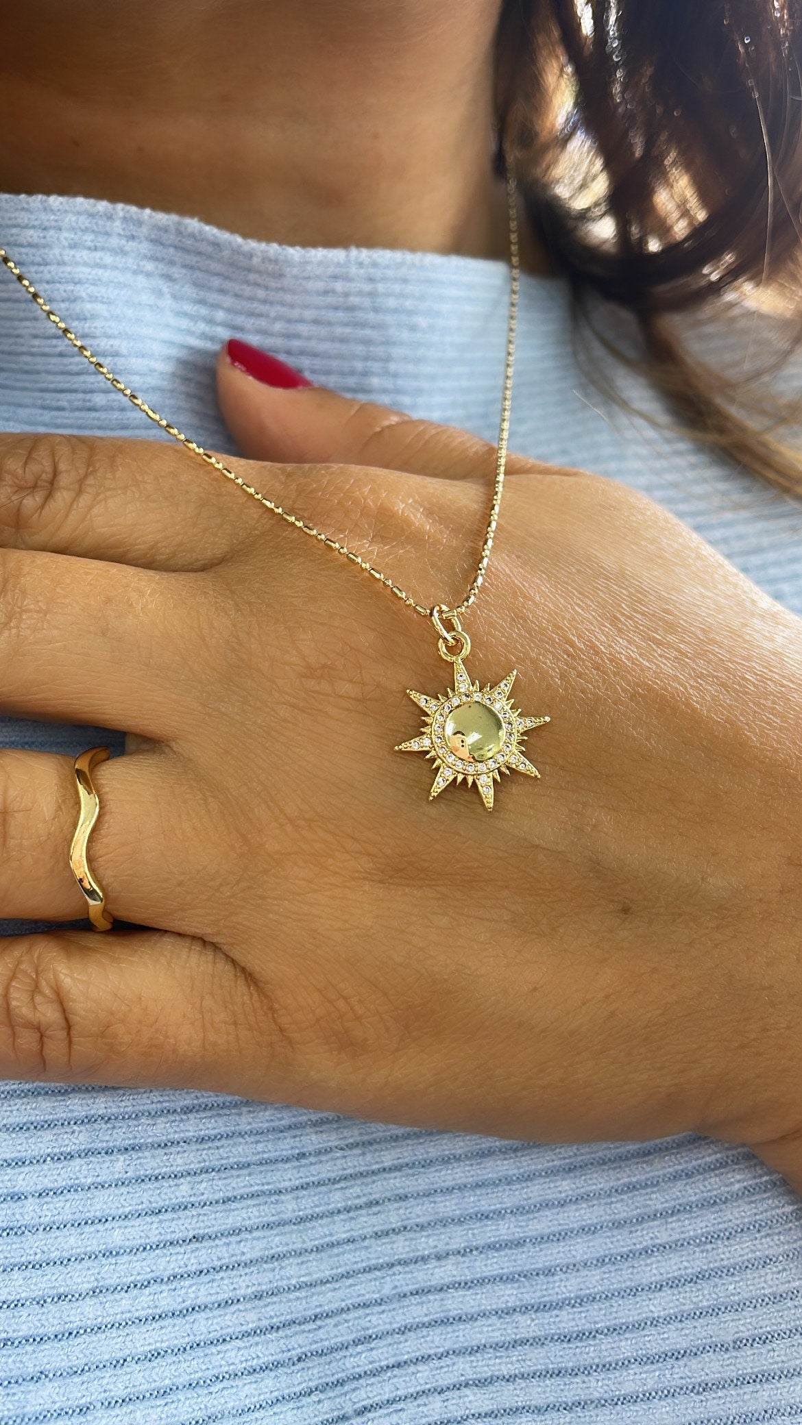 18k Gold Filled Sun Pendant with White Pave Rays