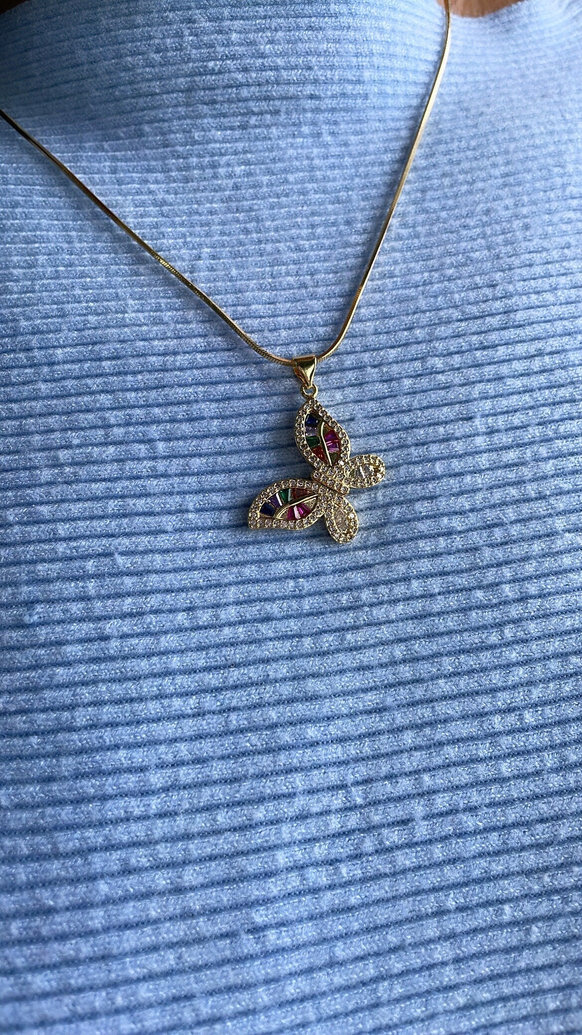 18k Gold Filled Colorful Butterfly Pendant with Colorful Baguette Stones and White Pave