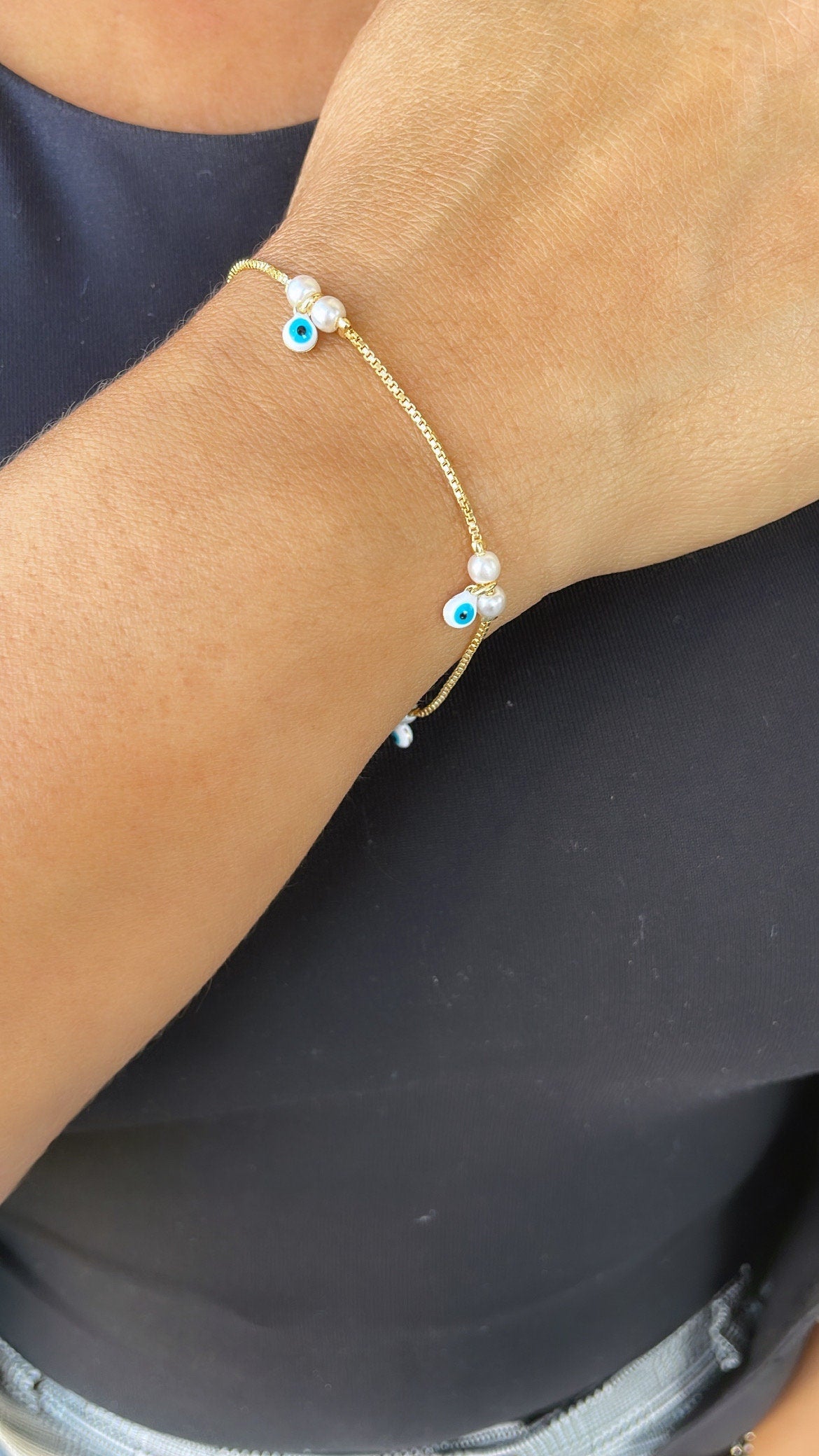 18k Gold Filled Simple Dainty Pearl Bracelet With Dangling Blue Evil Eye Charms