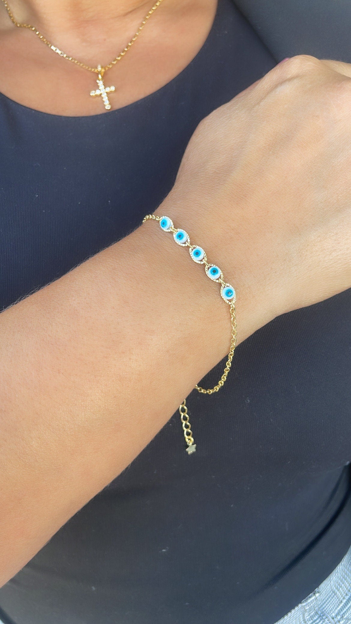 18k Gold Filled Simple Dainty Curb Link Evil Eye Bracelet