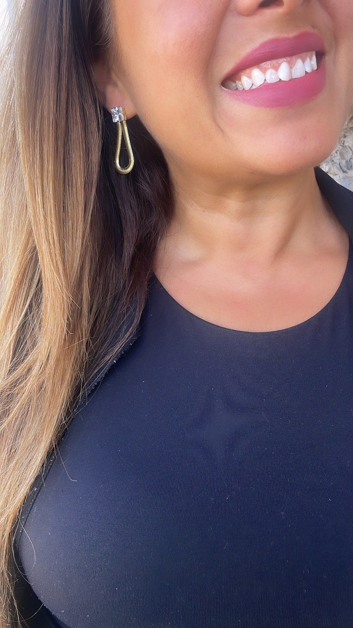 18k Gold Filled 8.5mm Cubic Zirconia Square Stud Earrings With Dangling Smooth Snake Link, Princess Cut Square Studs,