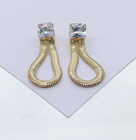 18k Gold Filled 8.5mm Cubic Zirconia Square Stud Earrings With Dangling Smooth Snake Link, Princess Cut Square Studs,