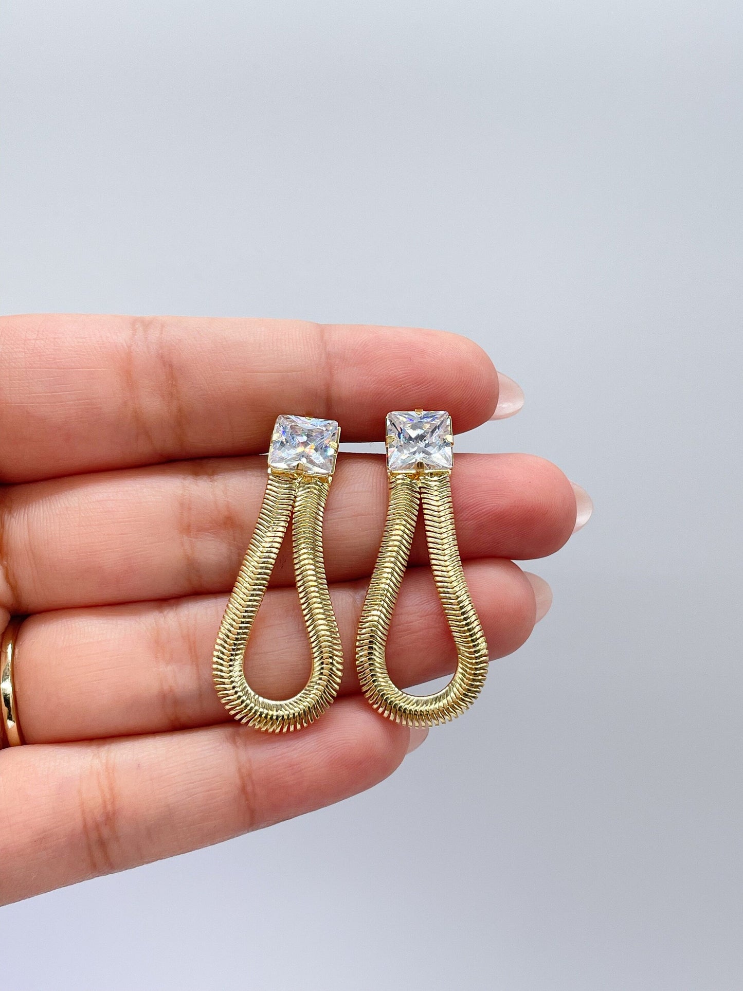 18k Gold Filled 8.5mm Cubic Zirconia Square Stud Earrings With Dangling Smooth Snake Link, Princess Cut Square Studs,