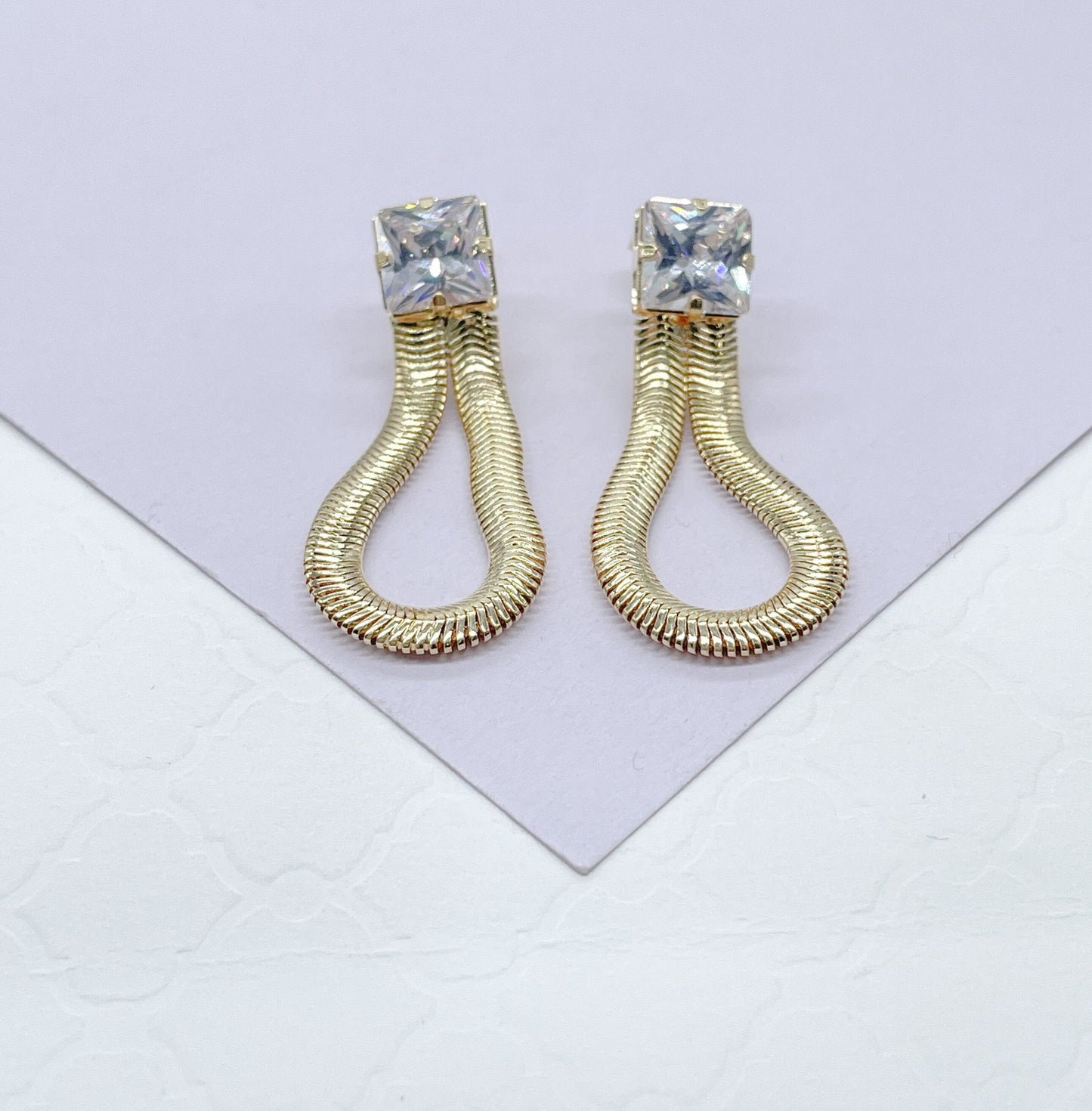 18k Gold Filled 8.5mm Cubic Zirconia Square Stud Earrings With Dangling Smooth Snake Link, Princess Cut Square Studs,