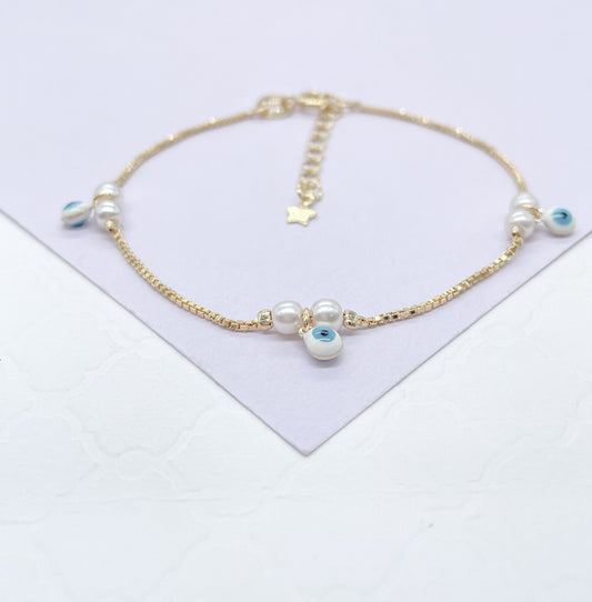 18k Gold Filled Simple Dainty Pearl Bracelet With Dangling Blue Evil Eye Charms